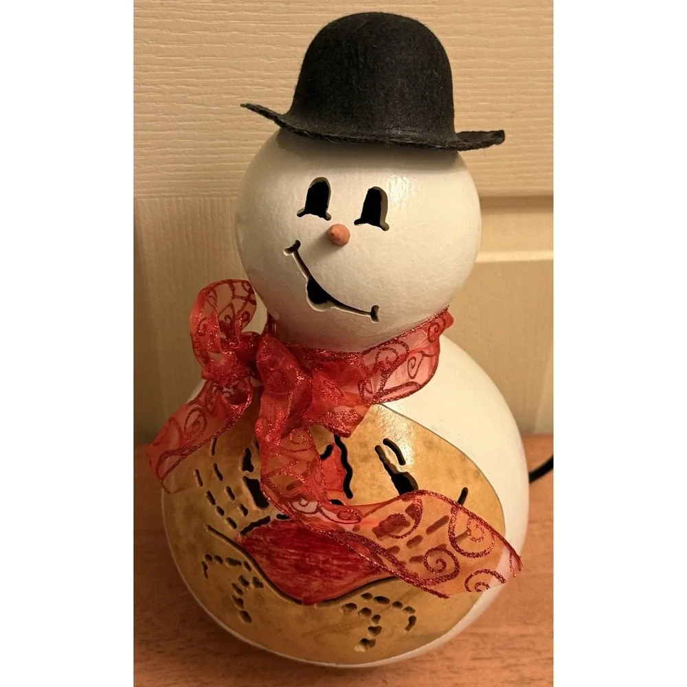 Vtg‎ Light Up Snowman Gourd W/ Crab Wearing Santa Hat Cut Out Hand Painted 12